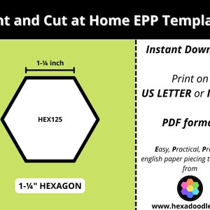 Può includere: Modello di esagono stampabile da 3,2 cm per English Paper Piecing (EPP). Il modello è in formato PDF e può essere stampato su carta di formato US Letter o ISO A4. Il modello è di Hexadoodle.