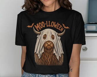 Camiseta Comfort Colors 1717 / Moolloween Highland Cow, Camiseta de vaca fantasma adorable, Camiseta de granja espeluznante, Camiseta gráfica de disfraz de Halloween del oeste