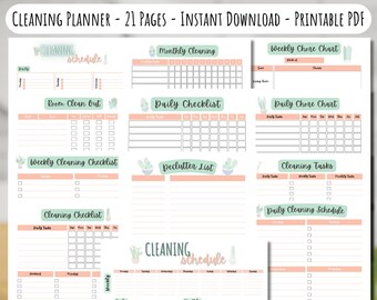 May include: A printable cleaning planner with 21 pages, featuring a variety of checklists and schedules. The design includes sections for daily, weekly, and monthly tasks, with a soft color palette of peach and green accents. Text includes "Cleaning Planner" and "Instant Download".