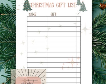 Könnte beinhalten: Druckbare Weihnachtsgeschenkliste mit einem festlichen Design, das einen grünen Weihnachtsbaum mit einem Stern oben und den Worten "Christmas Gift List" in rosa Schrift zeigt. Die Liste hat Spalten für "Name" und "Geschenk".