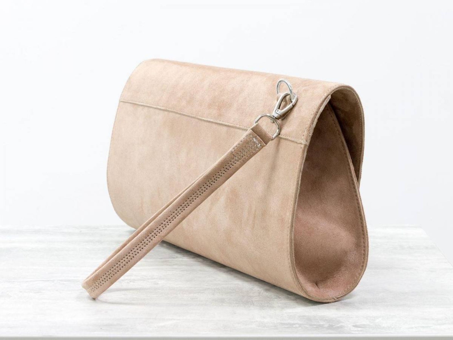 Women's beige suede clutch bag with handle Etsy