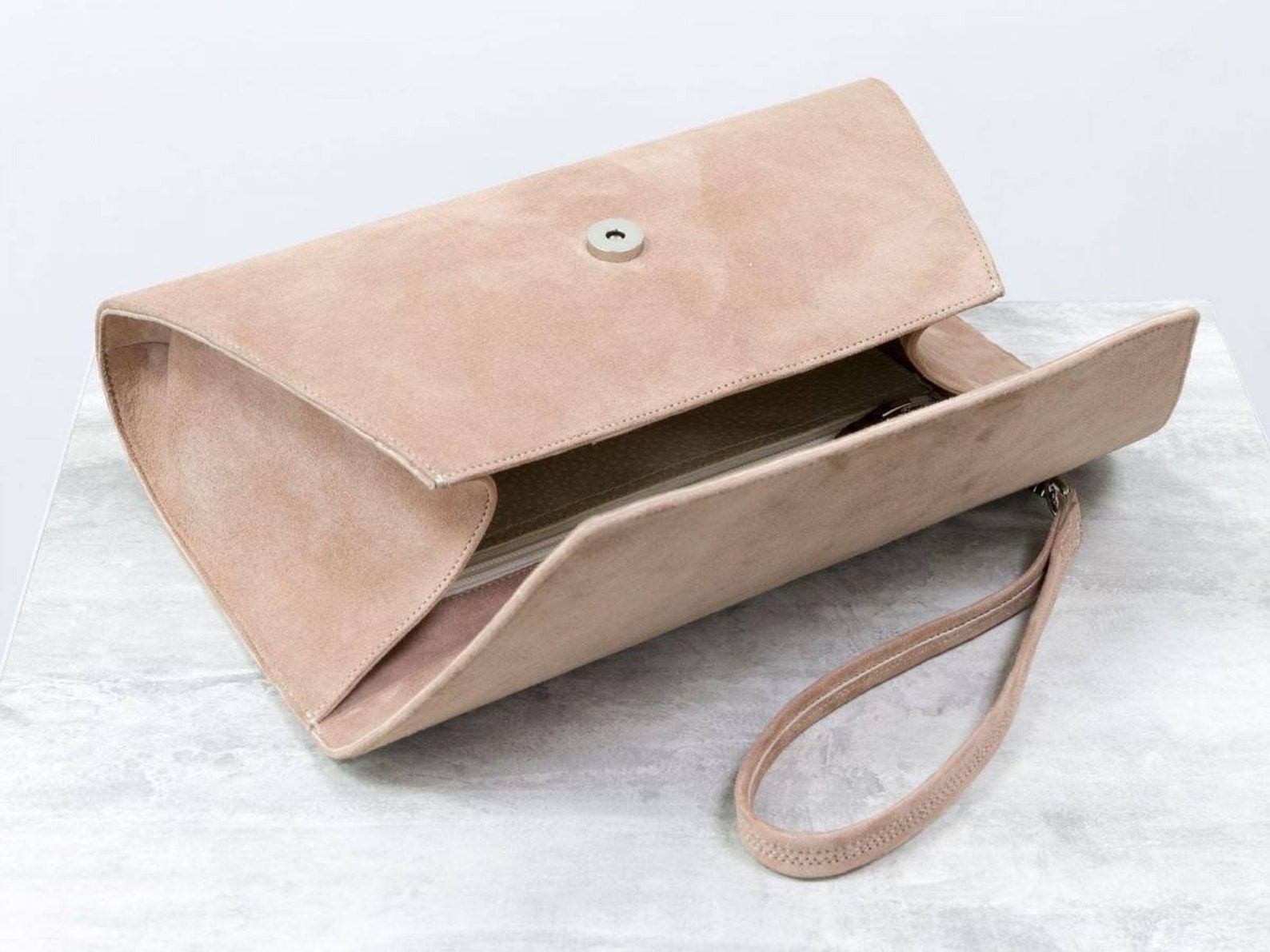 Women's beige suede clutch bag with handle Etsy