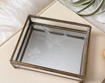 Vintage Etched Glass and Brass Mirrored Trinket Box, Bird in Flight