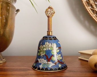 Vintage 4&quot; Japanese Cloisonné Detailed Small Hand Bell, Blue Florals and Gold Detailing