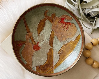 Midcentury Vintage Enameled Solid Brass Bowl, Decorative Floral Brass Dish