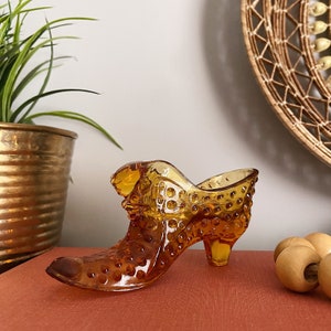 Vintage Fenton Hobnail Cathead Amber Glass Miniature Victorian Boot