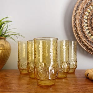 Set of 6 Vintage Anchor Hocking Heritage Hill Amber Yellow Juice Glasses Tumblers