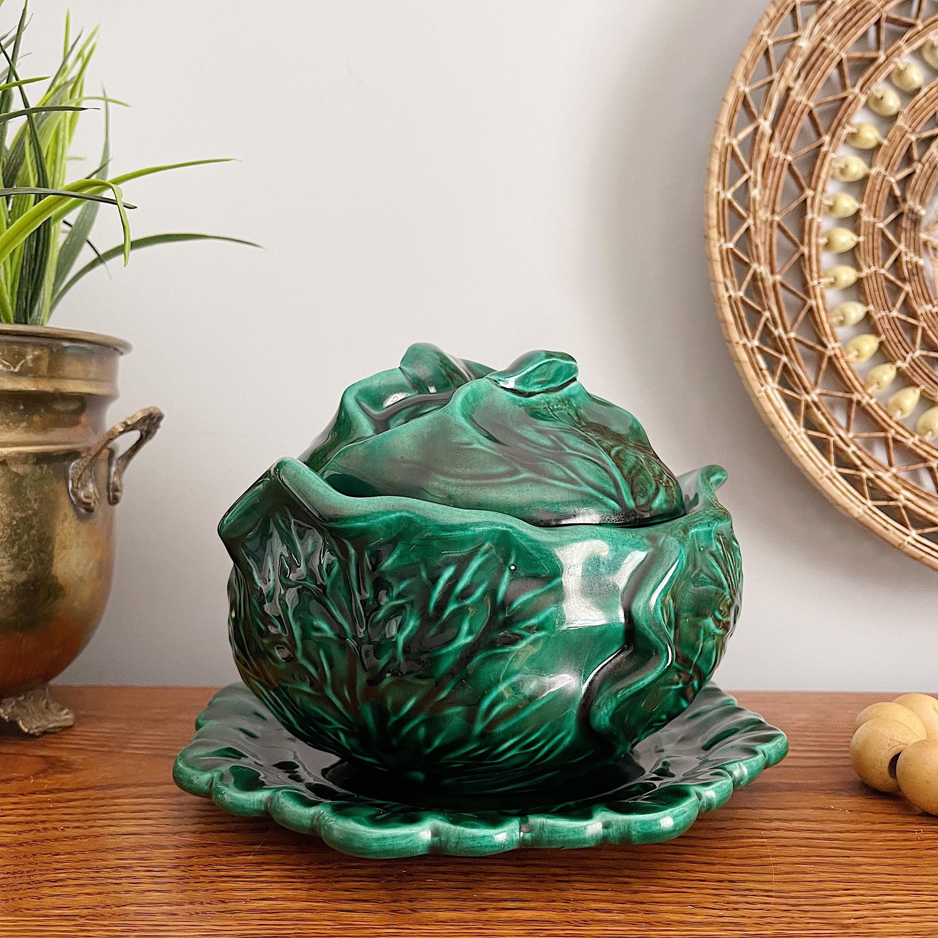 Vintage Holland Mold Green Ceramic Cabbage Tureen, Lidded Dish