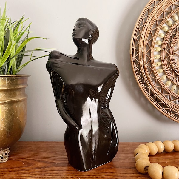 Vintage Art Deco Style Female Black Pottery Modernist Bust