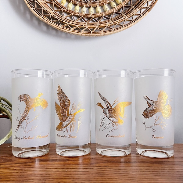 Vintage Frosted White and Gold Gamebird Wildbird Sportsman Tumbler Glassware Set of 4