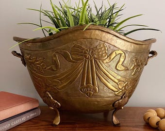 Vintage Hammered Repousse Aged Brass Decorative Centerpiece Footed Bowl, Faux Planter, Entryway Accent