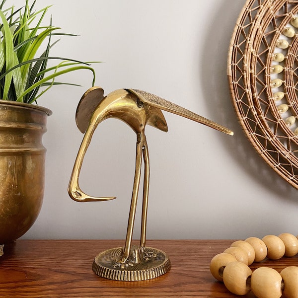 Vintage Brass Crane/Ibis Bird, Nautical Regency Midcentury Gold Accent Decor