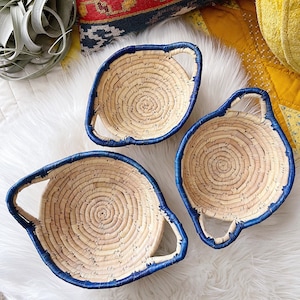 Vintage Woven Nested Handled Coiled Baskets Set of 3 - Blue Accents