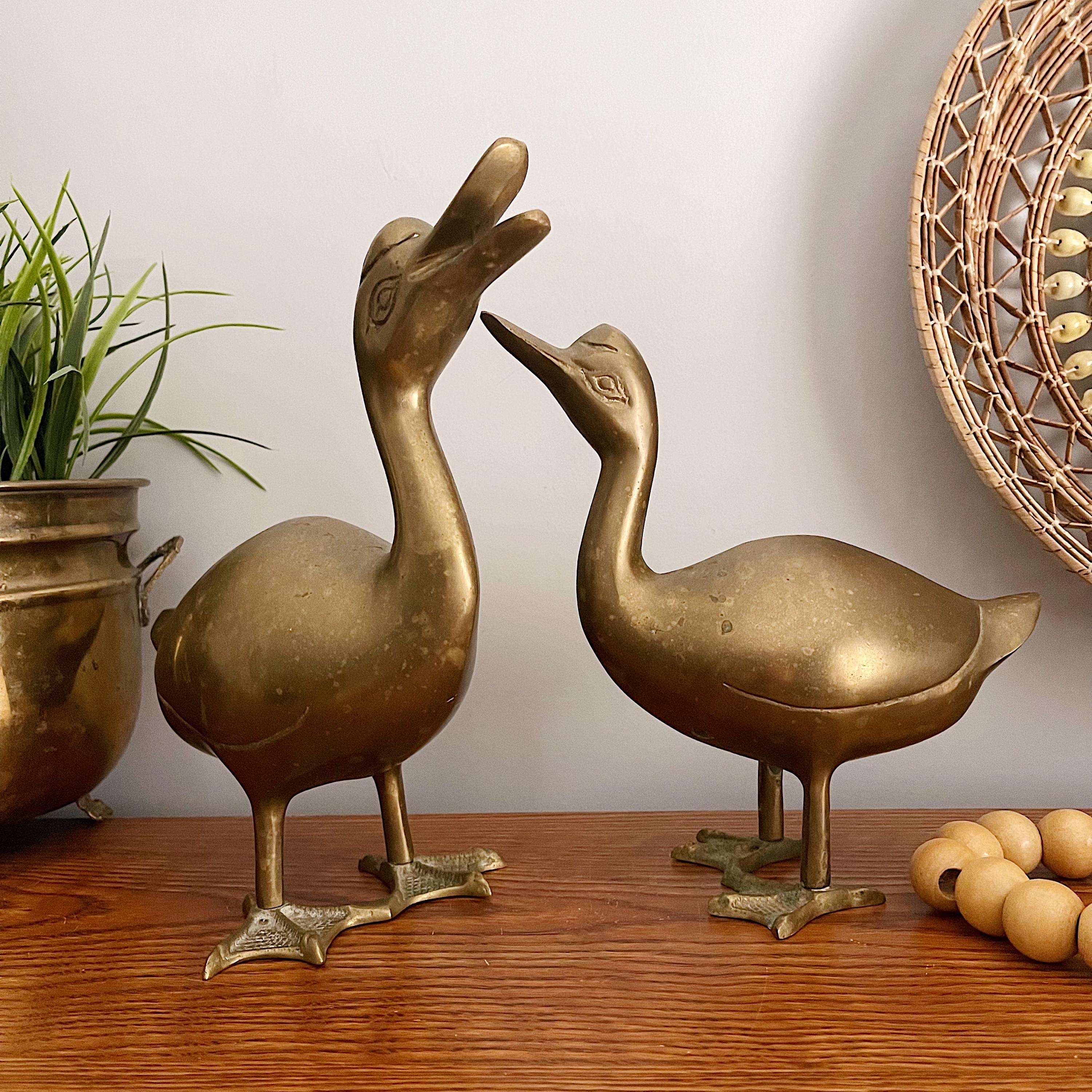 Vintage Aged Brass Swan Duck Goose Statues / Rustic Gamebird Figures Set of 2