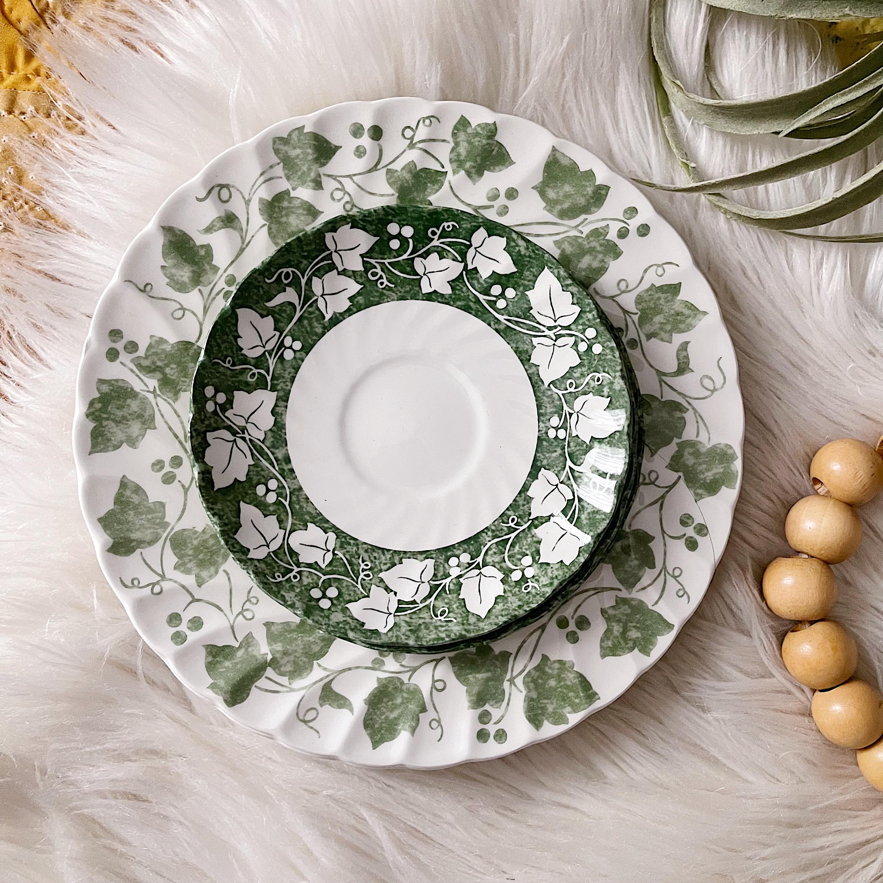 Vintage 8 Piece Churchill Staffordshire Verdigris Green Ivy Soup