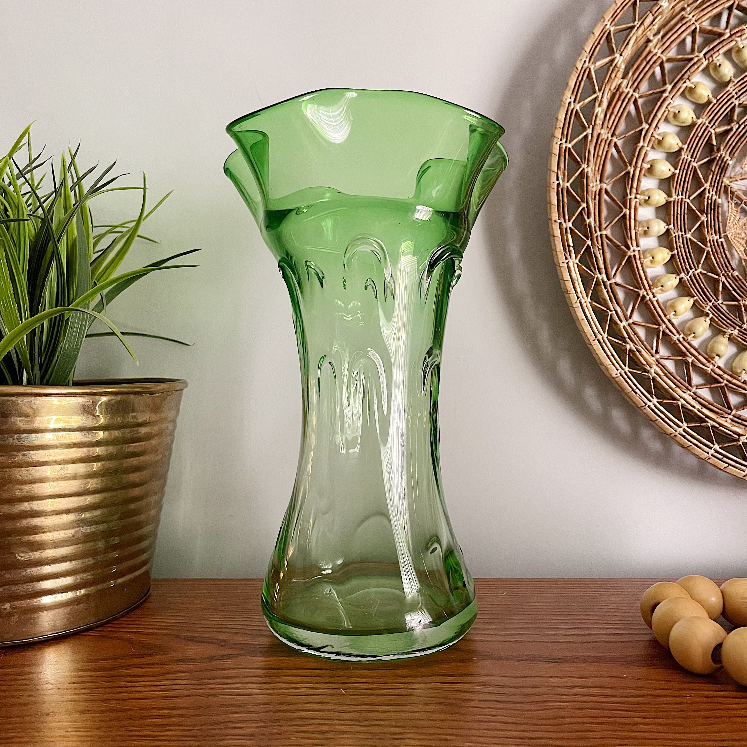 Vintage Blown Glass Art Vase, Mint Green Pinched Vase (9.5 Inch)
