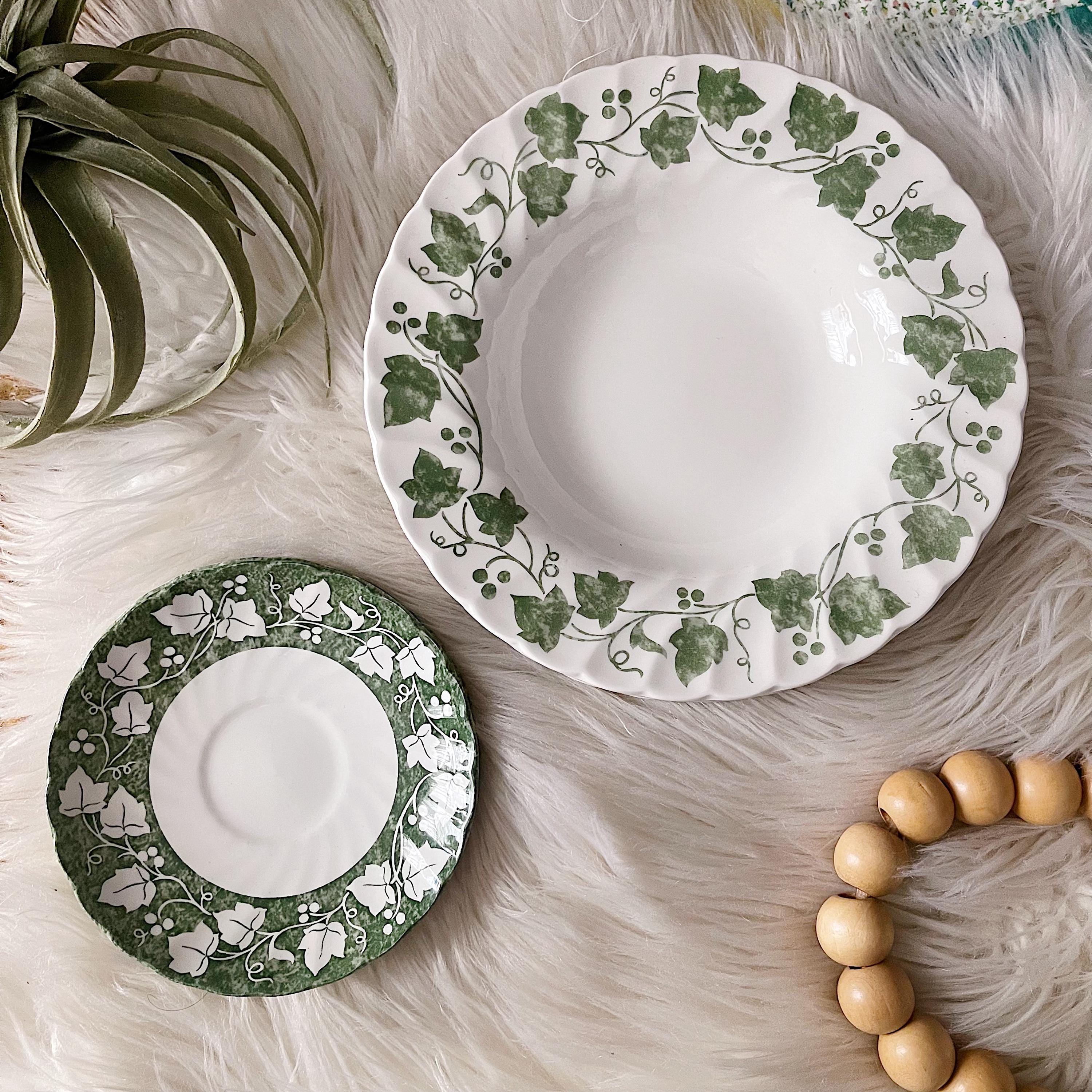 Vintage 8 Piece Churchill Staffordshire Verdigris Green Ivy Soup