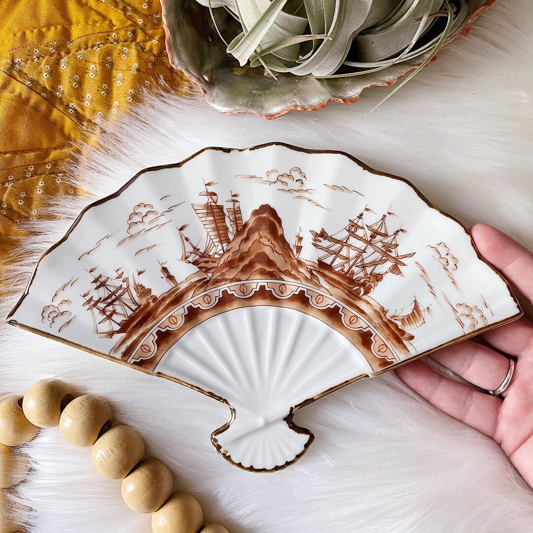 Vintage Ceramic Japanese Fan Shaped Dish Etsy