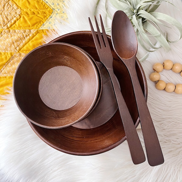 Vintage Teakwood Salad Bowl Serving Dining Set 7pc, Natural Neutral Boho Dinnerware, Entertaining Set, Diningware