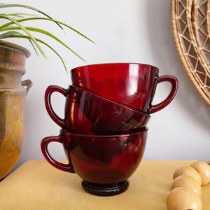 Vintage Ruby Red Glass Mugs Tea Cups Set of 3