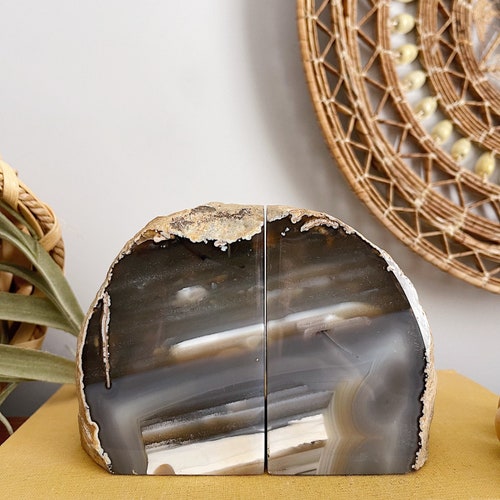 Vintage Agate Geode Stone Black and White Bookends, Natural Crystal Stone Accents