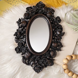 Vintage 1960&#39;s Syroco Faux Wood Ornate Wall Mirror, Victorian Style, Floral and Botanical Motif