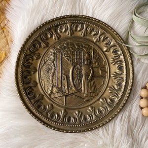 Vintage Decorative Embossed Raised Brass Hanging Plate Wall Plaque, Galleon Sailing Boat, English Pub Colonial Style Decor
