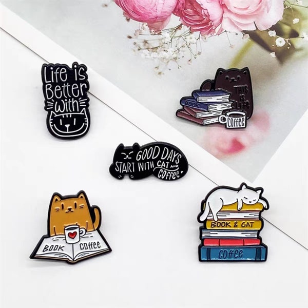 Cats books coffee pin enamel pin craft supplies diy broach book lover gift coffee lover gift bag pin set cute cats brooche gift for friend