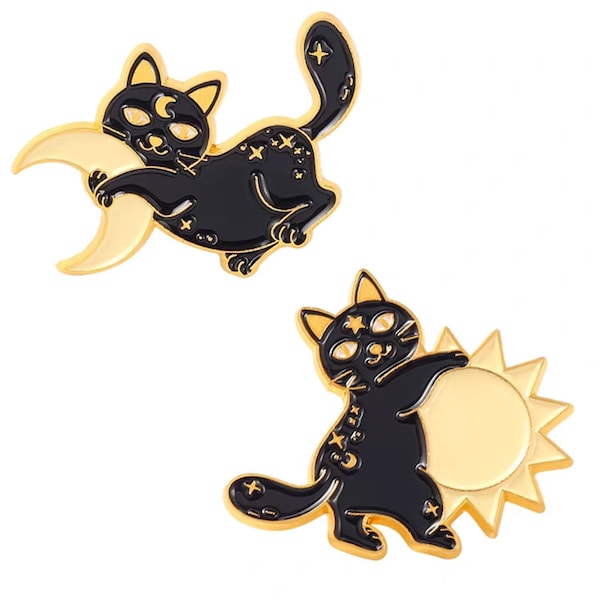 Black cat pins black magic brooch cute cat craft supplies witchery lover gift backpack pin jacket pin jeans sun moon broach Set of pins
