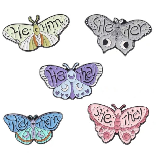 Pronoun pin He/They They/Them She/They She/Her He/Him craft supplies cute butterfly enamel pin night moth pin set lapel pins gift for her