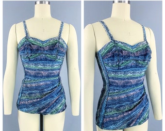 Vintage 50s Roxanne Perfection Fit printed stripe faille draped one piece swimsuit with convertible straps