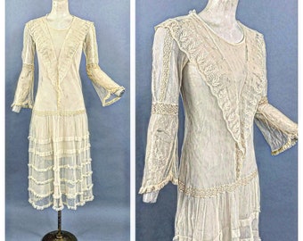 Antique Edwardian net dress | 1910s 1920s ivory hand embroidered net mesh dress