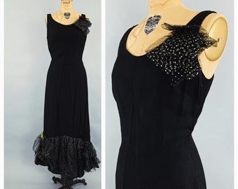 Vintage 50s 60s Alice Edwards black bombshell metallic tulle evening gown formal dress