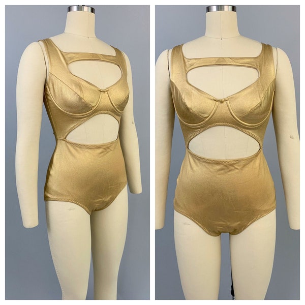 Vintage 80s Norma Kamali OMO gold swimsuit | 1980s Norma Kamali OMO gold space age bond girl bathing suit