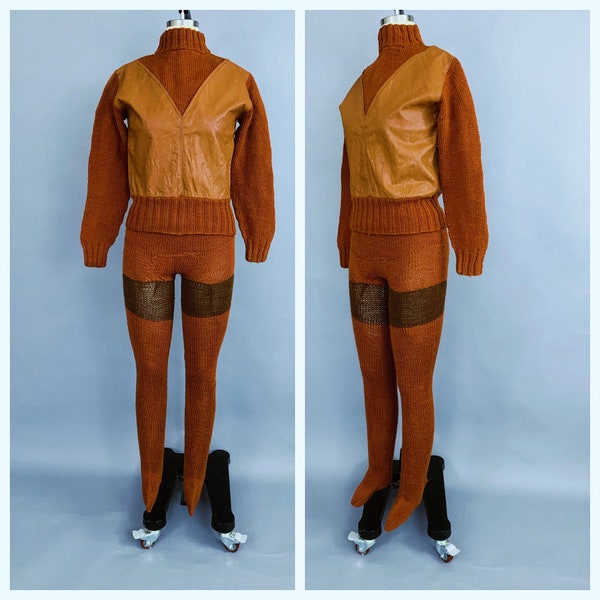 Vintage 70s brown knit leather sweater & footed leggings set | 1970s handknit rust brown knit stockings and leather mock-neck sweater set