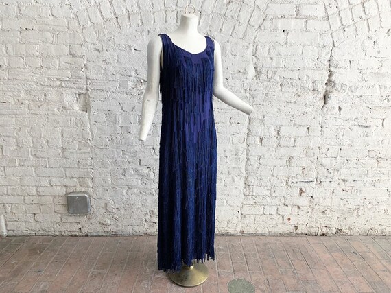 Vintage 20s blue silk fringe flapper dress evening