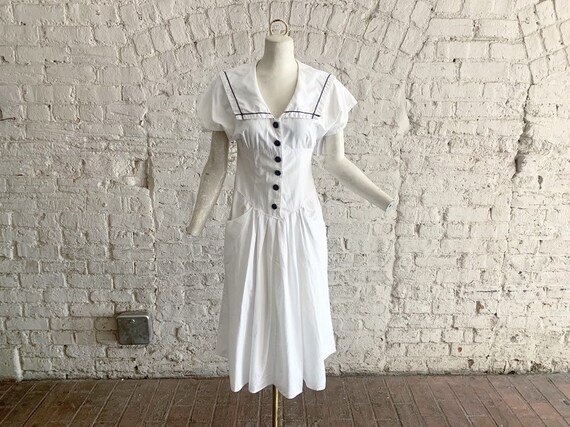 Vintage 80s sailor dress | 1980s white cotton sail