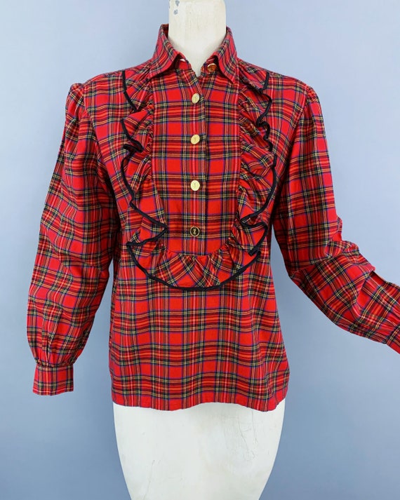 Vintage 80s Yves Saint Laurent red plaid tartan f… - image 6