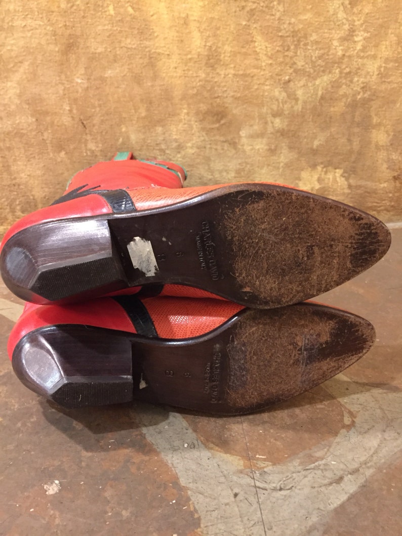 Charles David 1980s red snakeskin embossed patched red leather Southwestern cowboy boots made in Italy