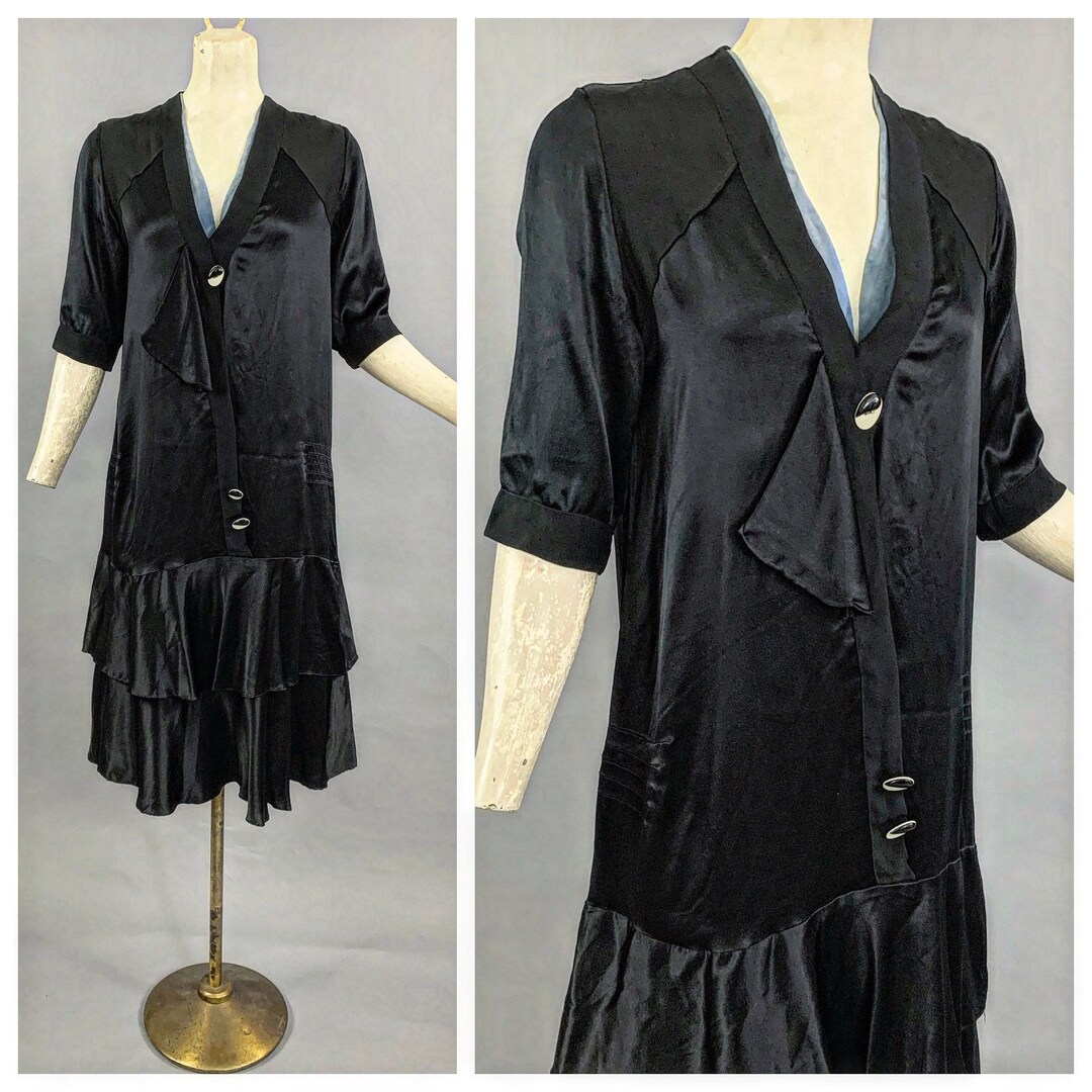 Vintage 20s Black Silk Drop Waist Flapper Dress | Antique 1920s Silk ...