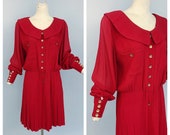 Vintage Oscar de la Renta silk chiffon dress 1980s 1990s Oscar de la Renta red silk pleated designer dress