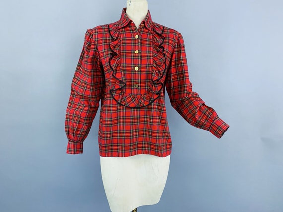 Vintage 80s Yves Saint Laurent red plaid tartan f… - image 1