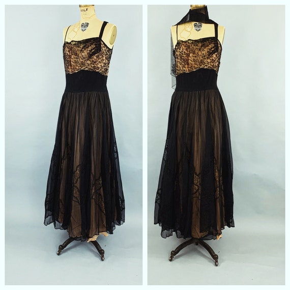 Vintage 40s 50s lace tulle evening gown | 1940s 1… - image 1