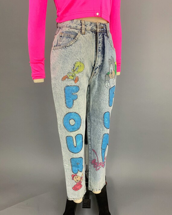 Vintage 90s hand painted denim jeans | 1990s Four Fun… - Gem