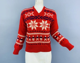 Vintage 40s 50s sweater | 1940s 1950s handknit paperdolls snowflakes wool sweater