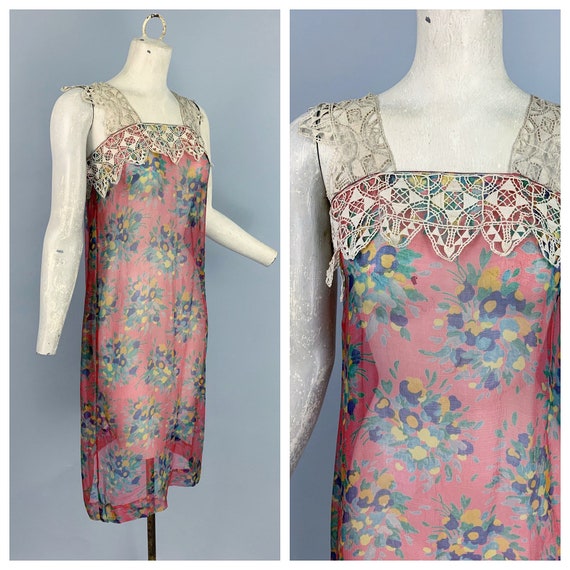 Vintage 20s silk chiffon floral dress with lace st