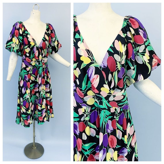 Vintage 80s Balenciaga Paris tulips print silk dre