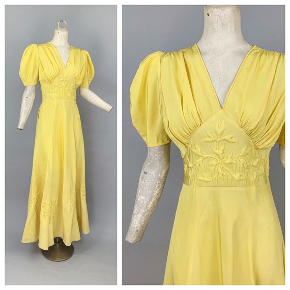 Vintage 30s yellow trapunto puff sleeve gown | 193