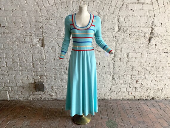 Vintage 70s aqua knit maxi dress | 1970s Giamo Kni