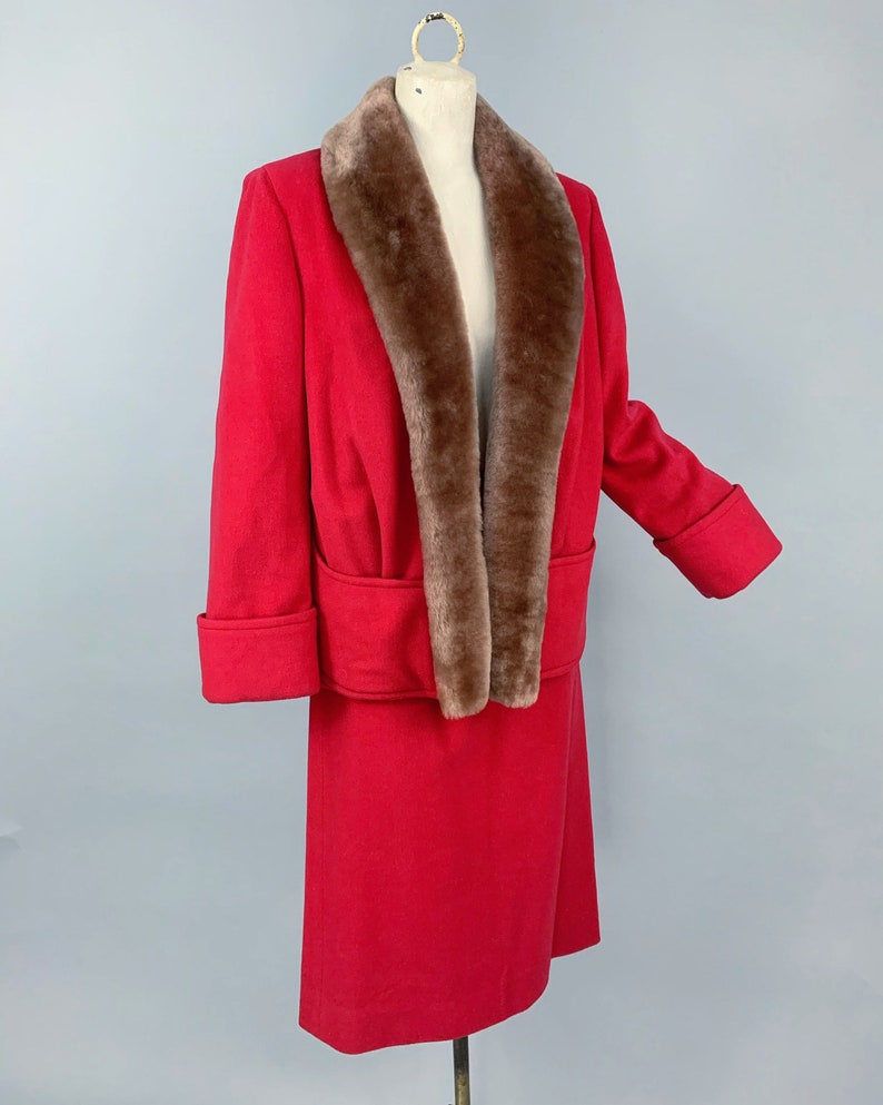 Vintage 30er Jahre Damen Rock Anzug mit Mouton Kragen 1930er Jahre 1940er Jahre Haus erdrich rote Wolle Pelz Kragen Jacke & Rock Anzug Bild 5